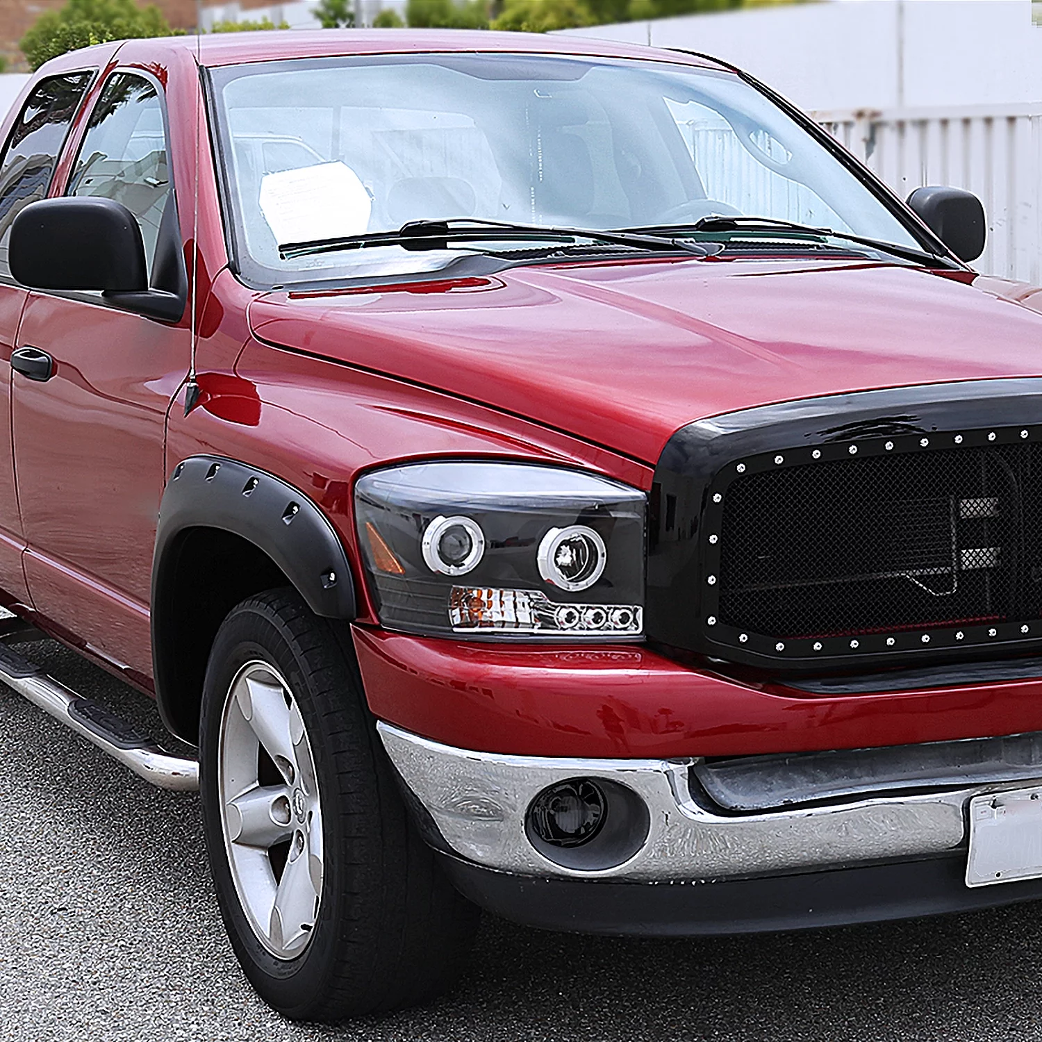 Spec-D Tuning LED Halo Projector Headlights Black + Bumper Fog Light Smoke Compatible with 2006-2008 Dodge Ram Left + Right Pair Headlamps Assembly