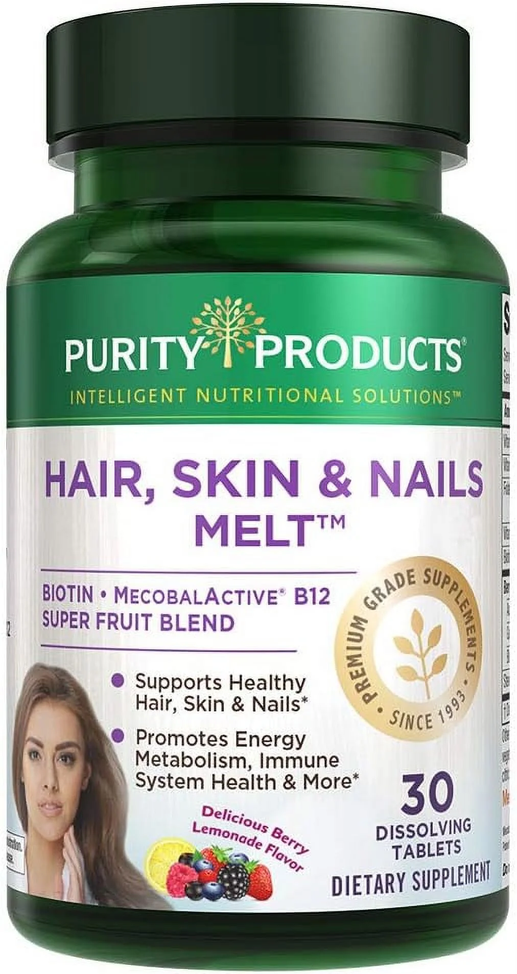 Purity Products Hair, Skin + Nails Melt 1000mcg B-12 + 2500mcg Biotin Energy Berry Melt - Delicious Berry Lemonade Flavor w/Super Fruits - B12 Methylcobalamin - 30 Melting Tablets