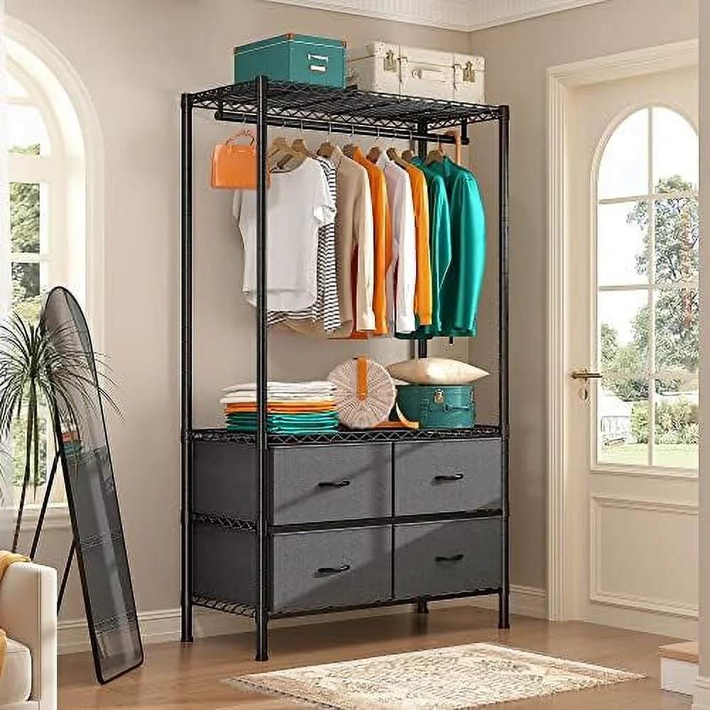 ZFGSUIJN   Clothing Racks for Hanging  Heavy Duty Clothing Rack Adjustable Clothes Racks for Hanging Clothes Metal Wire Garment Rack with 4 Fabric Drawers Portable Closet Black