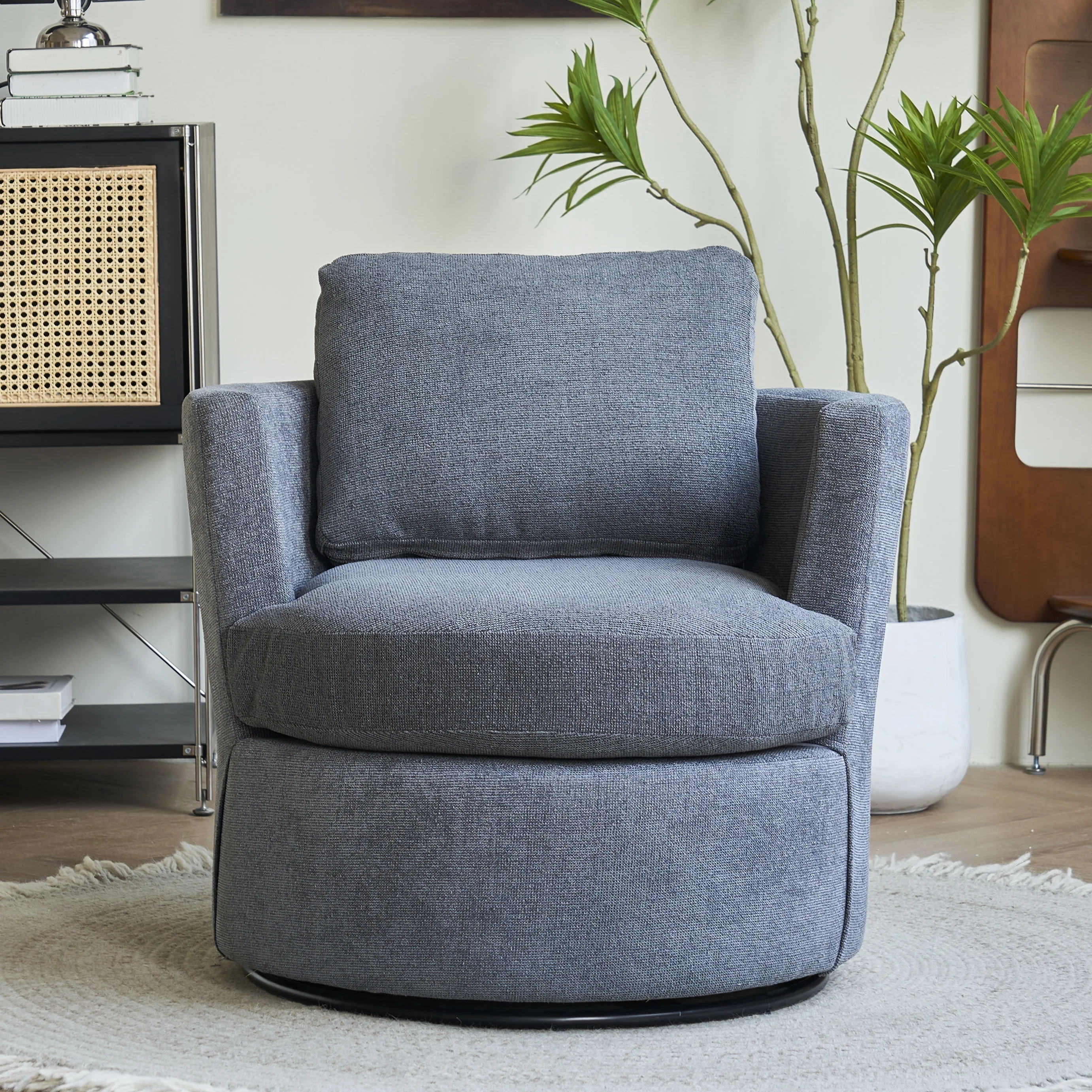 Swivel Barrel Chair, Comfy Round Accent Sofa Chair for Living Room, 360 Degree Swivel Barrel Club Chair, Leisure Arm Chair for Nursery, Hotel, Bedroom, Office, Lounge(Dark Grey)