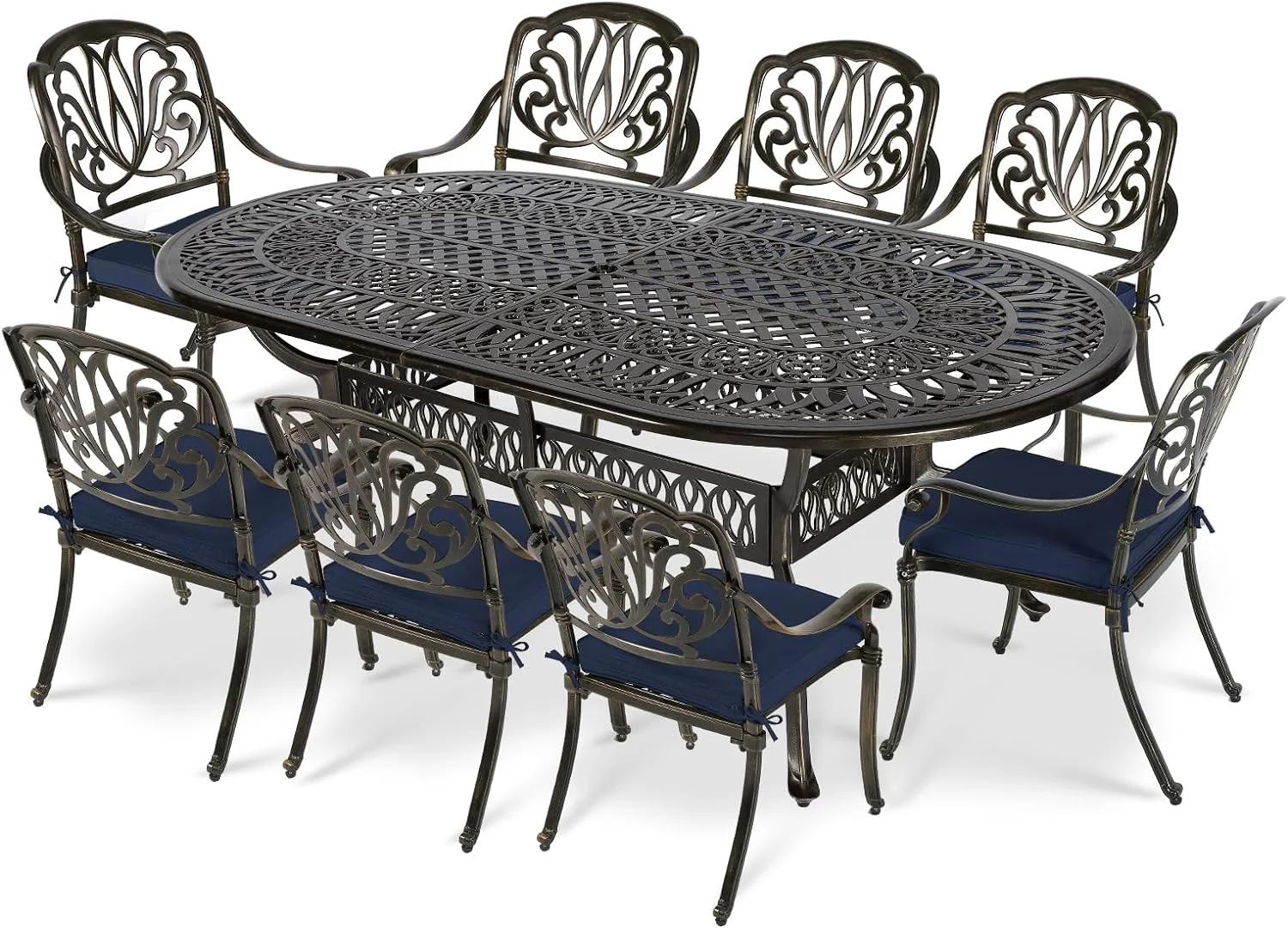 VIVIJASON 9-Piece Outdoor Furniture Dining Set, All-Weather Cast Aluminum Patio Conversation Set, Include 8 Cushioned Chairs and an Oval Table with Umbrella Hole for Lawn Backyard, Navy Blue Cushion