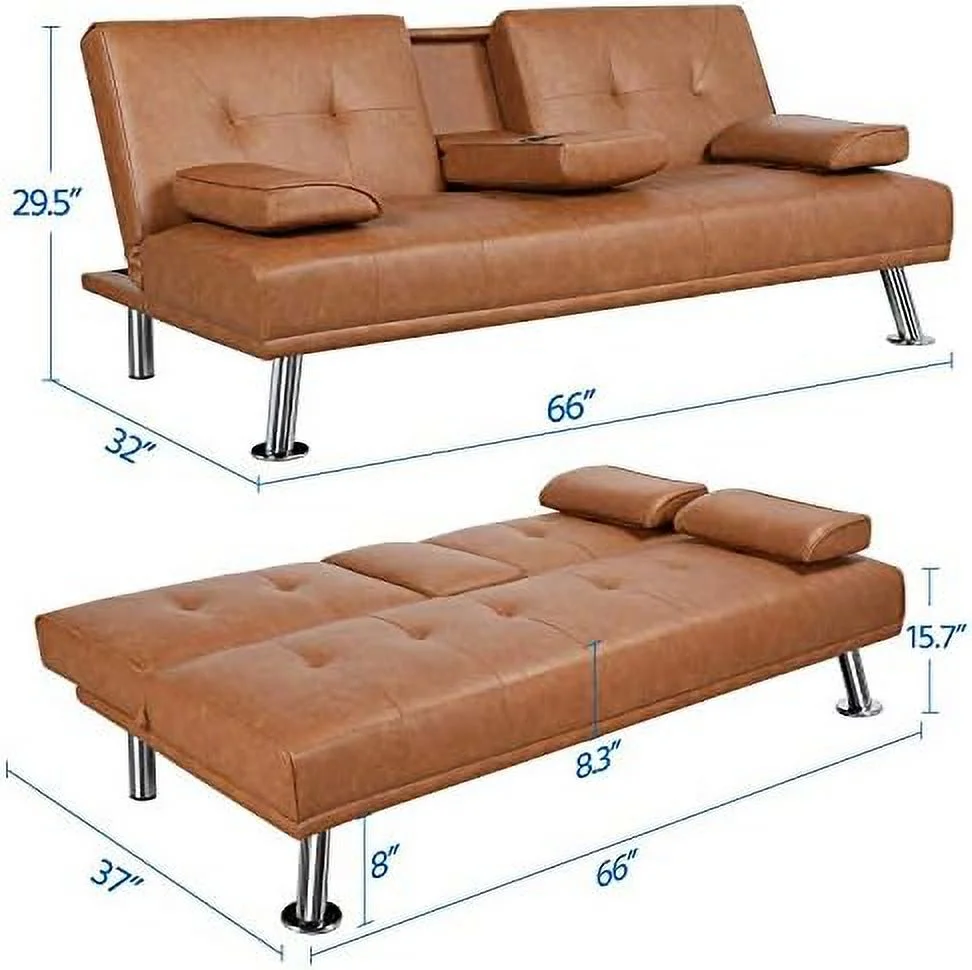 SJOPLMN Convertible Sofa Bed Adjustable Couch Sleeper Modern Faux Leather Home Recliner Reversible Loveseat Folding Daybed Guest Bed  Removable Armrests  Cup Holders  3 Angles  772lb Capa