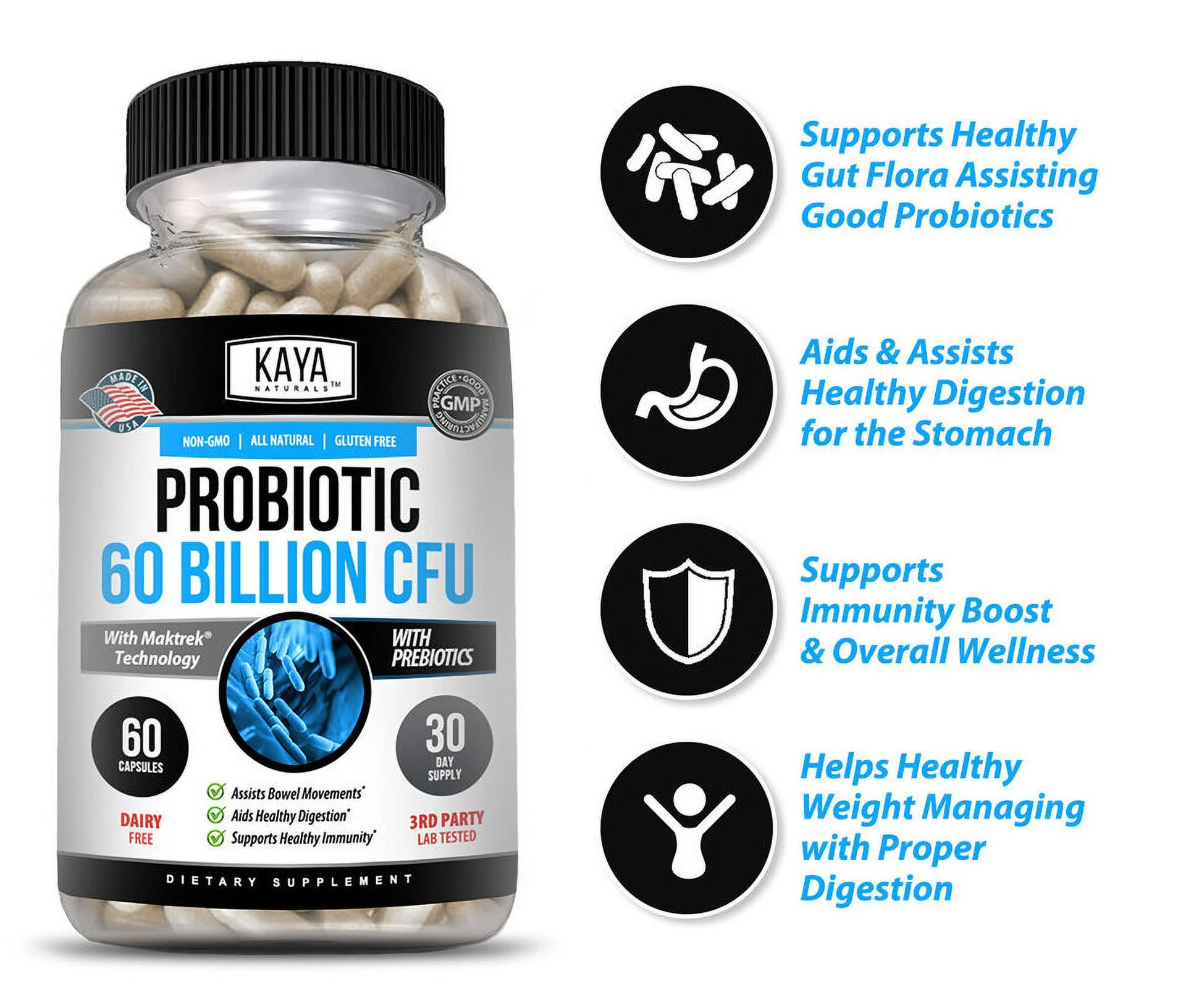 Probiotic 60 Billion with Prebiotics, Immune Function, Healthy Digestion 60 Count