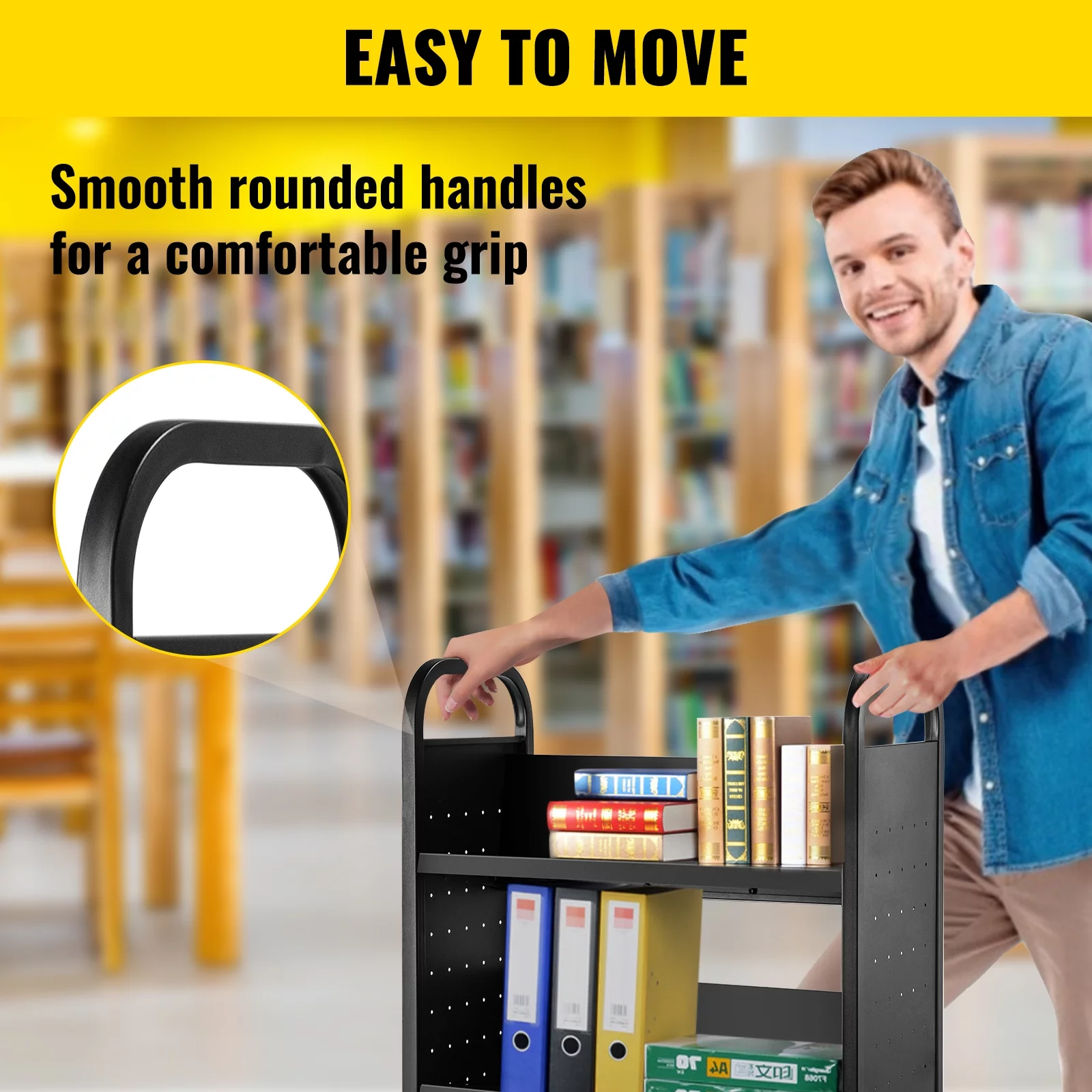 BENTISM Book Cart Library Cart 200lb with Single Sided V-Shaped Sloped Shelves in Black