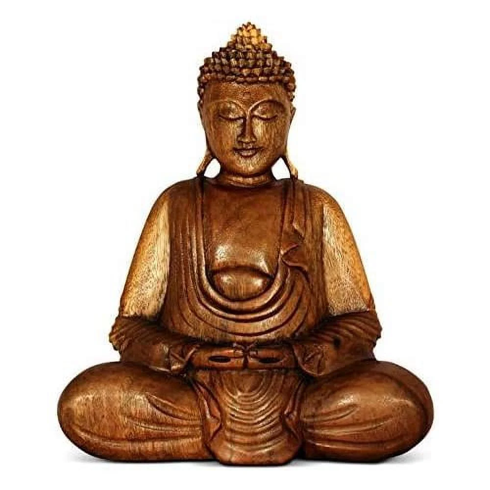 wooden serene sitting buddha statue handmade meditating sculpture wood figurine decorative accent handcrafted traditional modern contemporary oriental decor hands in lap buddha (8