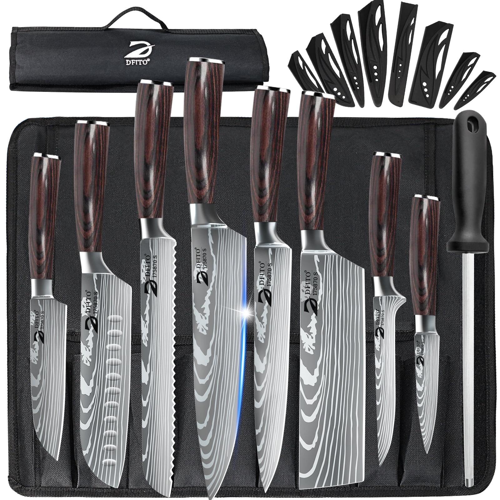 Kitchen Knife Set,DFITO 8 Pcs Professional Chef Kitchen Knife Set, Stainless Steel Cooking Knife Set, Brown