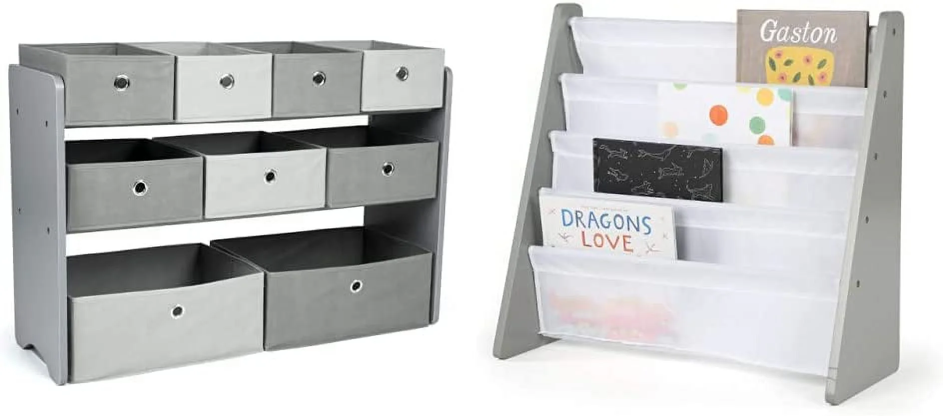 Kids Toy Organizer with 9 Storage Fabric Bins, Grey & Grey/White Kids Book Rack Storage Bookshelf, 4 Tiers