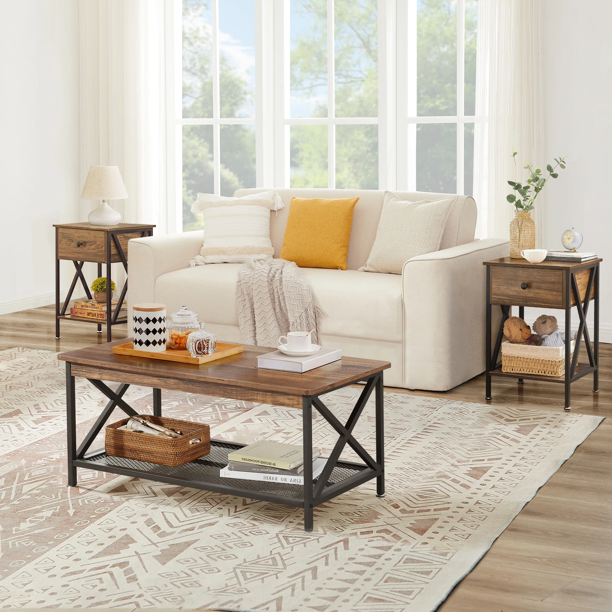 VECELO 3-Piece Occasional Table Set with Coffee Table + 2 End Tables, Brown