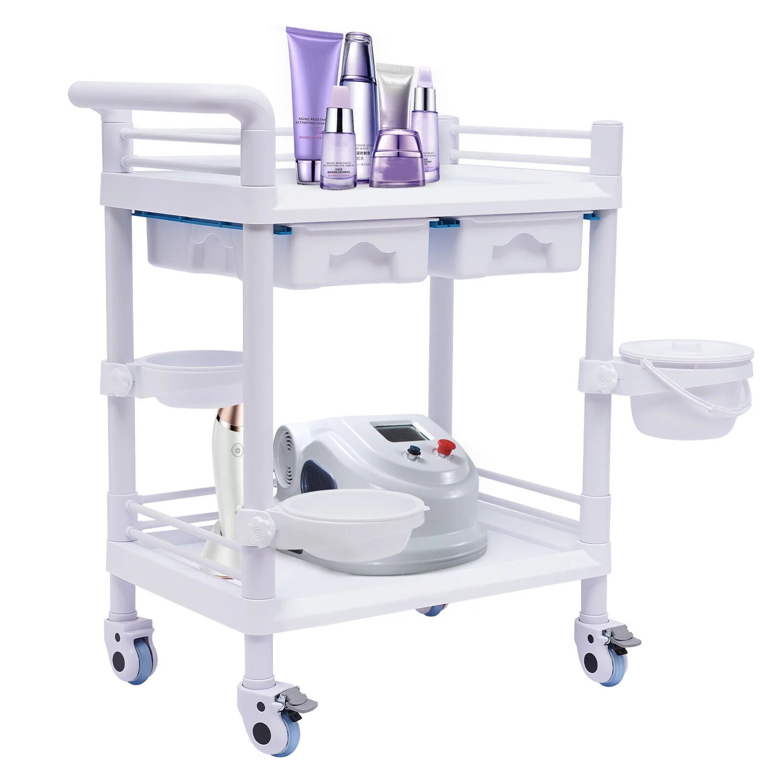 2 Tier Rolling Beauty Spa Trolley Cart, Mobile Utility Cart Trolley Spacious Spa Beauty Salon Rolling Trolley with 360°Rotate Wheels for Hospital Dental Clinic Beauty Salon
