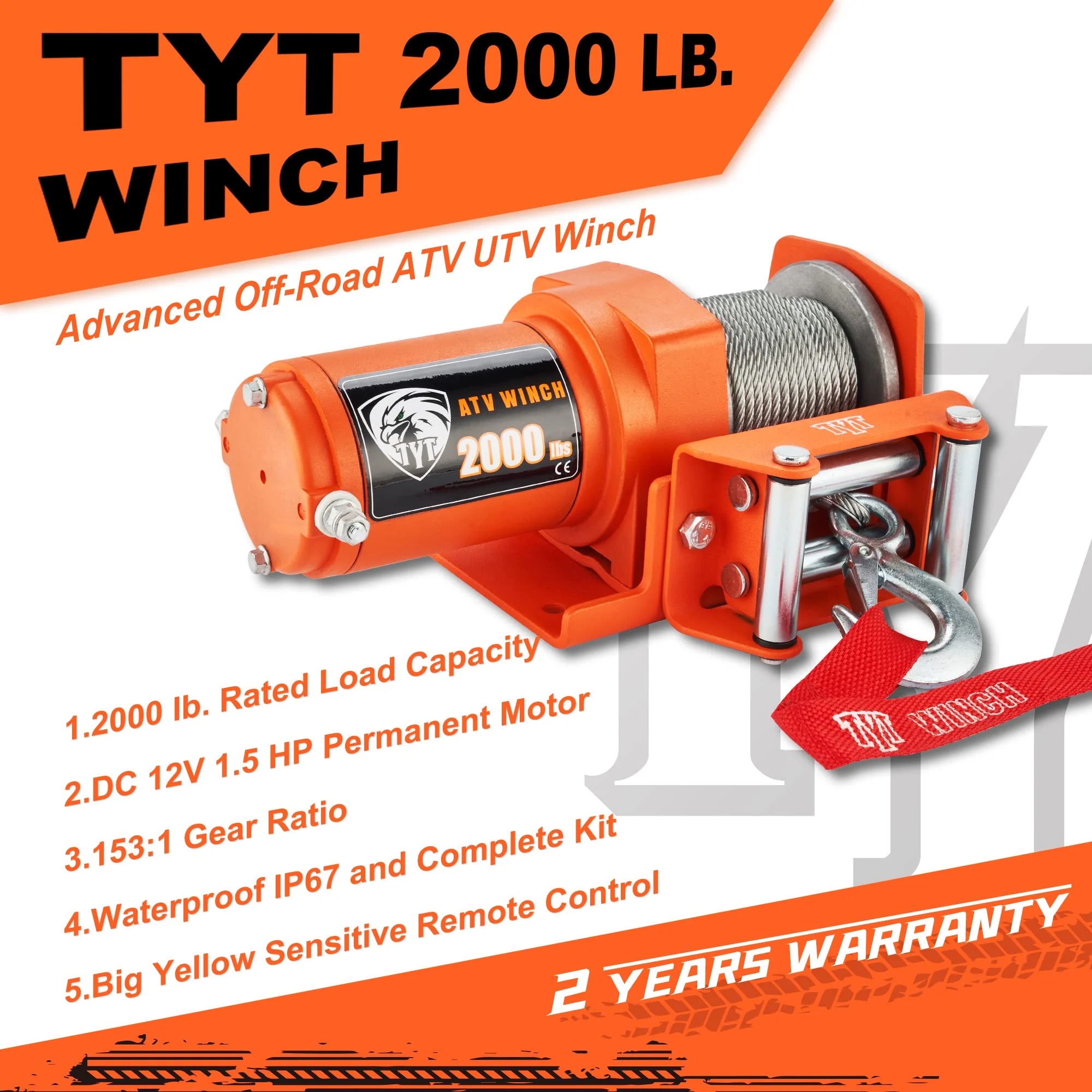 TYT 2000 lb. Advanced Load ATV/UTV Electric Winch Kits, 12V Steel Cable Electric Winch with Wired Handle Remotes and Mounting Bolt Pattern, Waterproof IP67 Portable Towing Winch(2000 lb Winch)