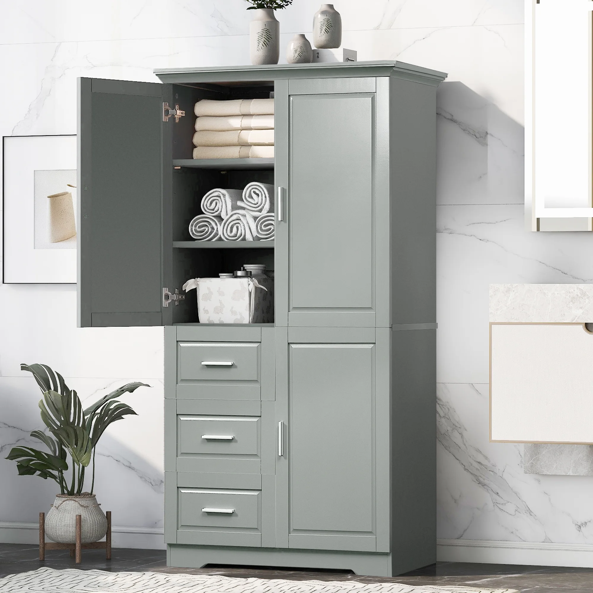 Ufurpie Tall and Wide Storage Cabinet with Doors for Bathroom/Office,Three Drawers,Green