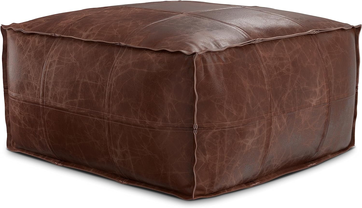 HYUN Sheffield 26 Inch Wide Boho Square Pouf in Distressed Brown Leather, for The Living Room, Bedroom and Kids Room