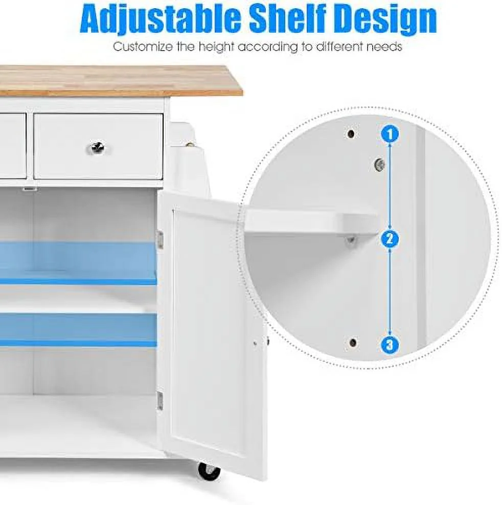 CHGTYS Kitchen Island Cart  Rolling Wood Trolley with  Cabinet  Towel Handle  2 Drawers  Side Spice Rack and Wine Bottle Rack  Kitchen Cart on Wheels  Rubber Wood Countertop (Black)