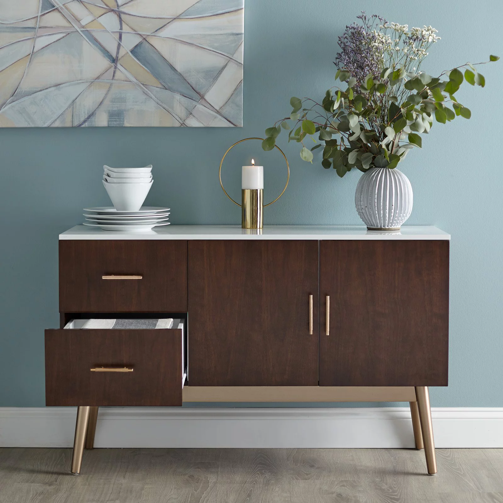 Simple Living  Stacy Mid-Century Buffet/Sideboard Walnut Walnut Finish Cabinets, Drawers