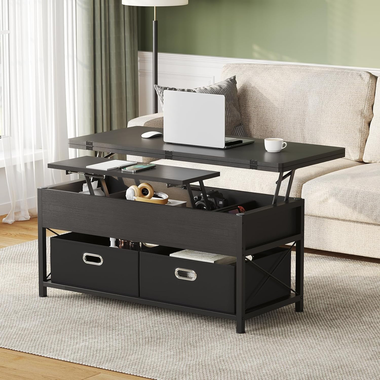 Modern Black Coffee Table with Lifting Top,4 in 1 Lift Top Square Center Table with 2 Drawers and Storage,Dining Table for Living Room