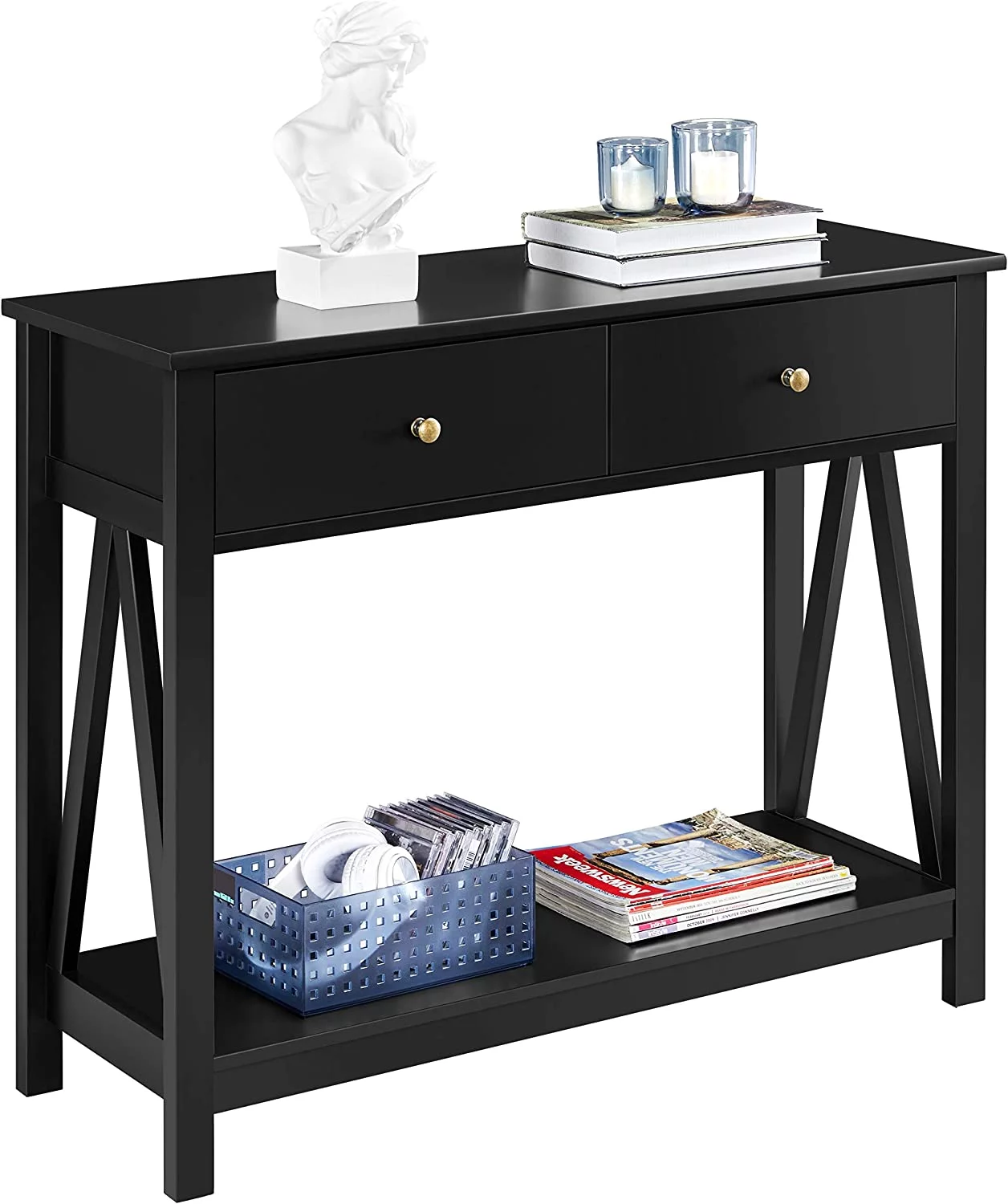 2-Tier Console Table with 1 Drawer and Open Storage Shelf, 39.5 Inch Narrow Long Sofa Table for Living Room Entryway, Easy Assembly, Black