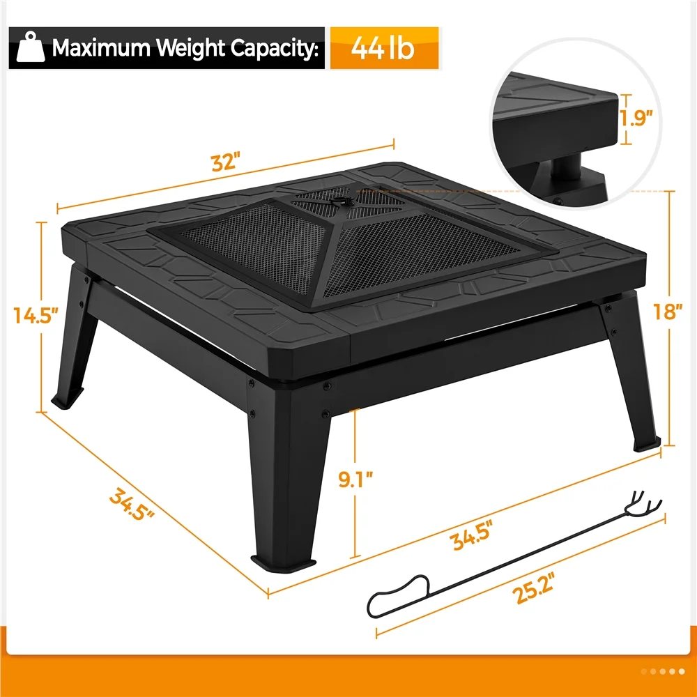 Topeakmart 32″ Patio Square Fire Pit with Rain Cover & Poker, Black