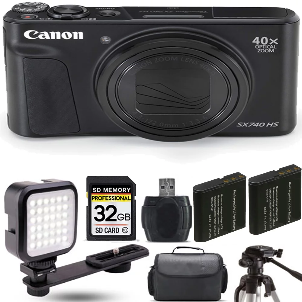 Canon PowerShot SX740 HS Digital Camera (Black)+ Extra Battery + LED - 32GB Kit