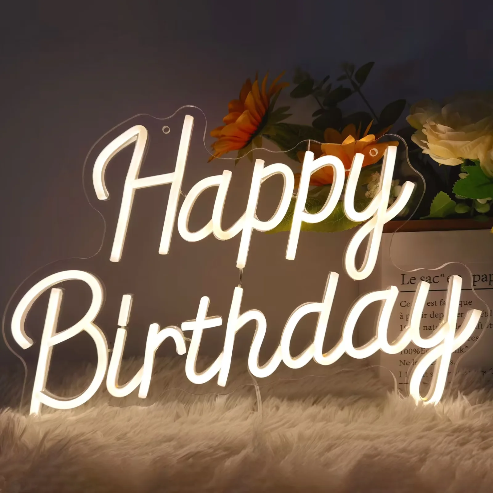 EMANNON Happy Birthday Neon Sign with Dimmable Switch - USB Powered Happy Birthday LED Light Up Sign for Party Decoration (Warm White, 17x12 Inch)