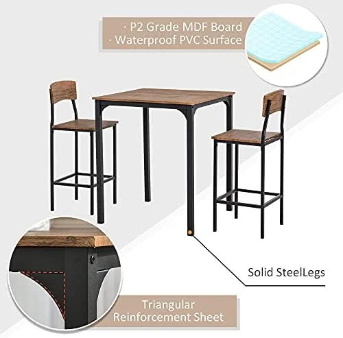 HBBOOMLIFE 3 Piece  Table Set  Industrial Counter Height Dining Table Set   Table & Chairs with Steel Legs & Footrests  White