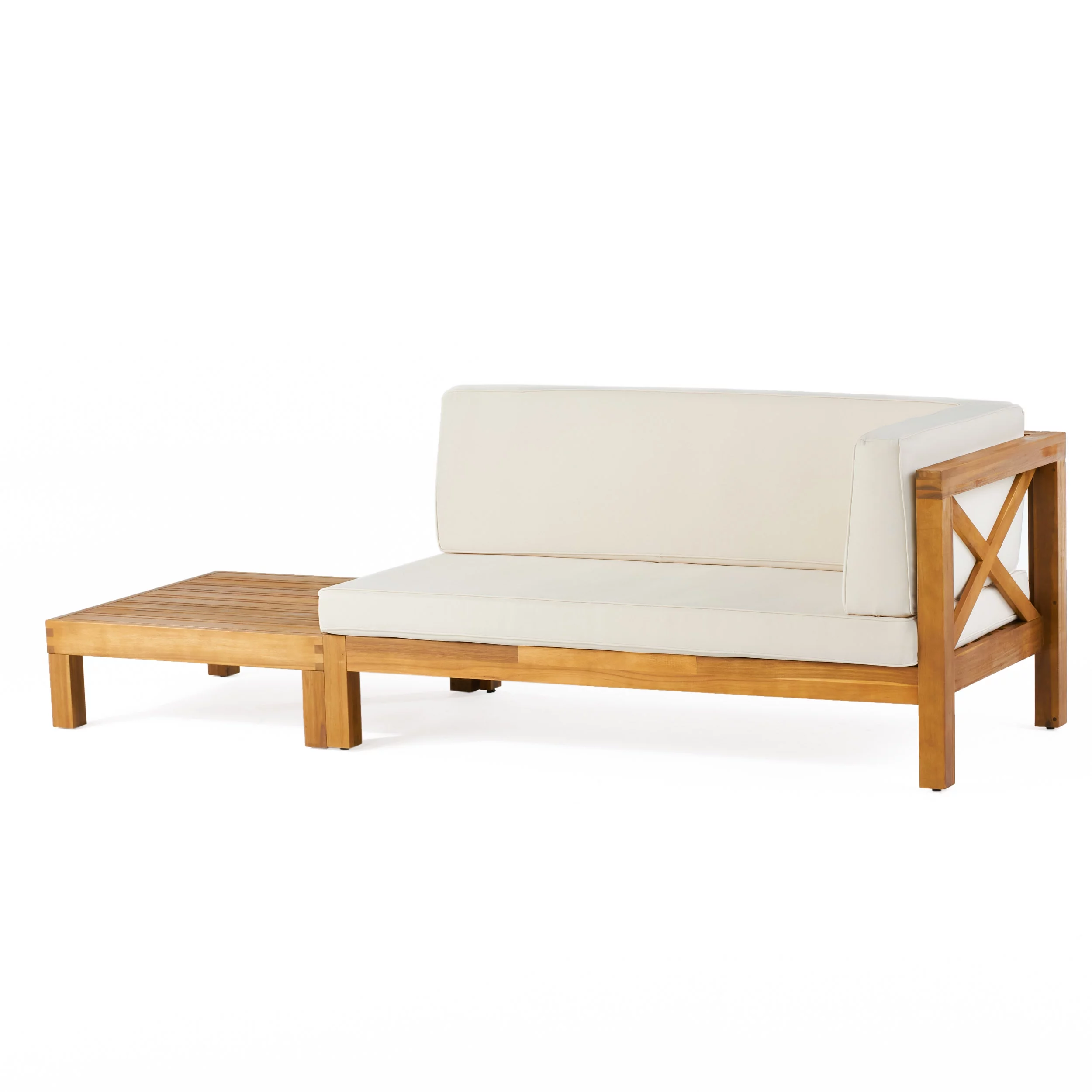 GDF Studio Keith Outdoor Acacia Wood Right Arm Loveseat and Coffee Table Set with Cushion, Teak and Beige