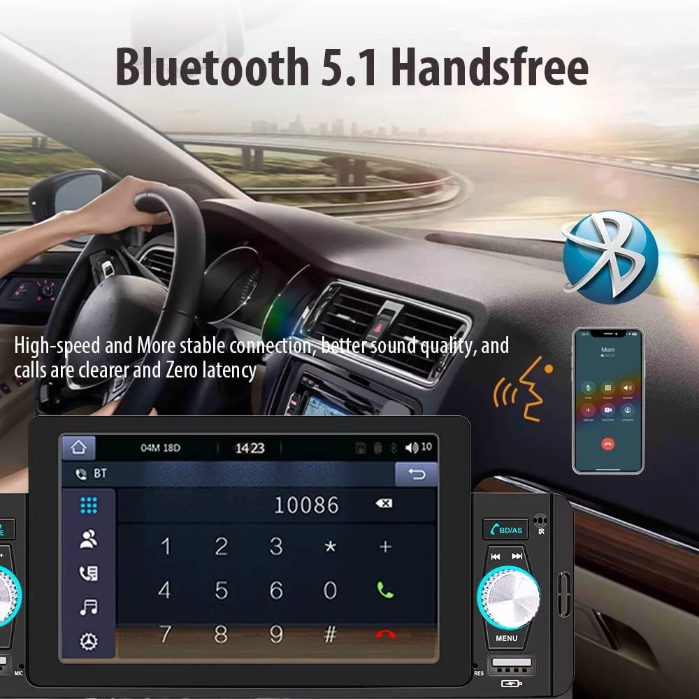 THONZER 5 Inch Single Din Car Stereo Built-in CarPlay/Android Auto/Mirror-Link, Touchscreen Radio Receiver with Bluetooth 5.1 Handsfree and 12LED HD Backup Camera, FM USB Audio Video Player
