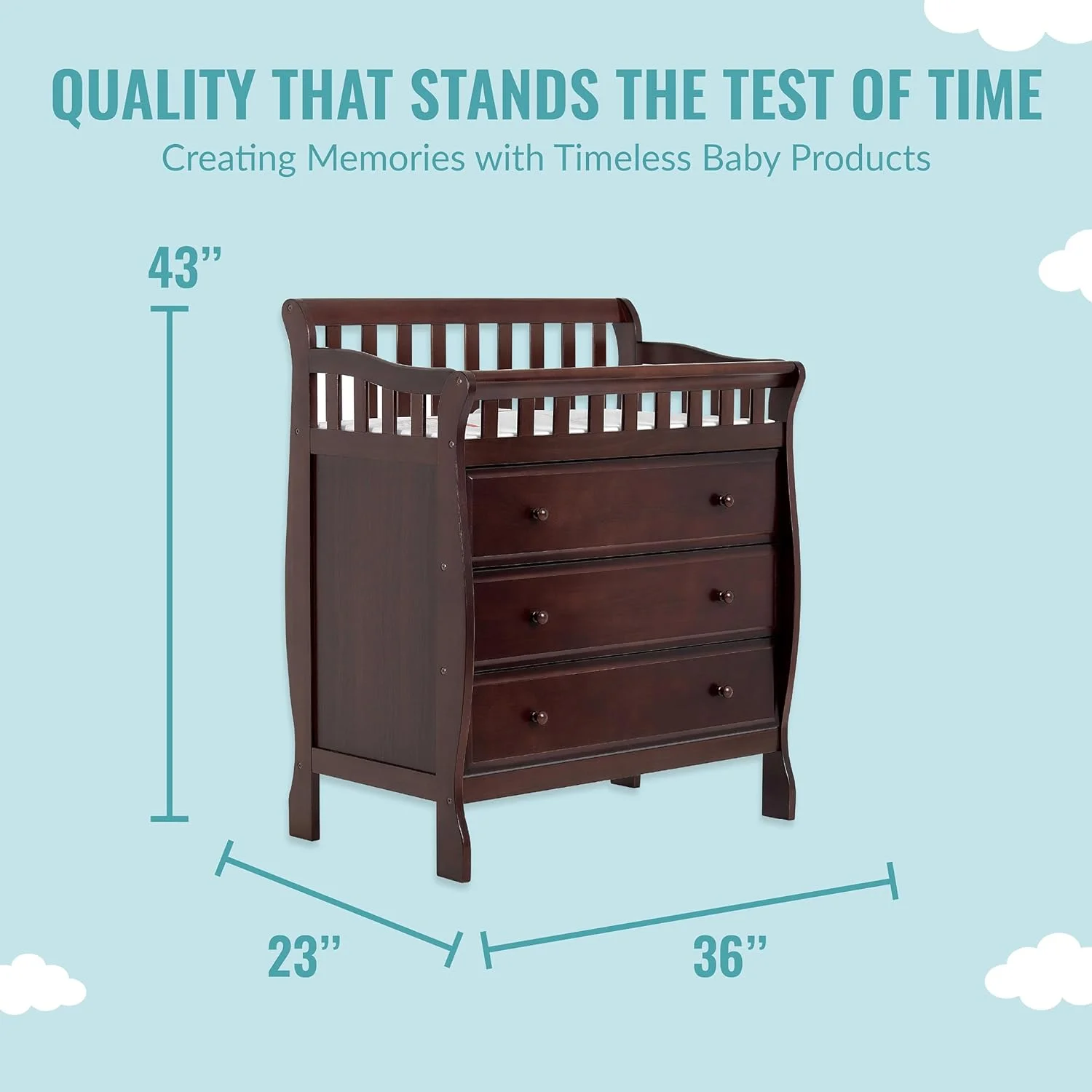 HYUN Marcus Changing Table And Dresser In Espresso, Features 3 Spacious Drawers, Non-Toxic Finishes, Comes With 1