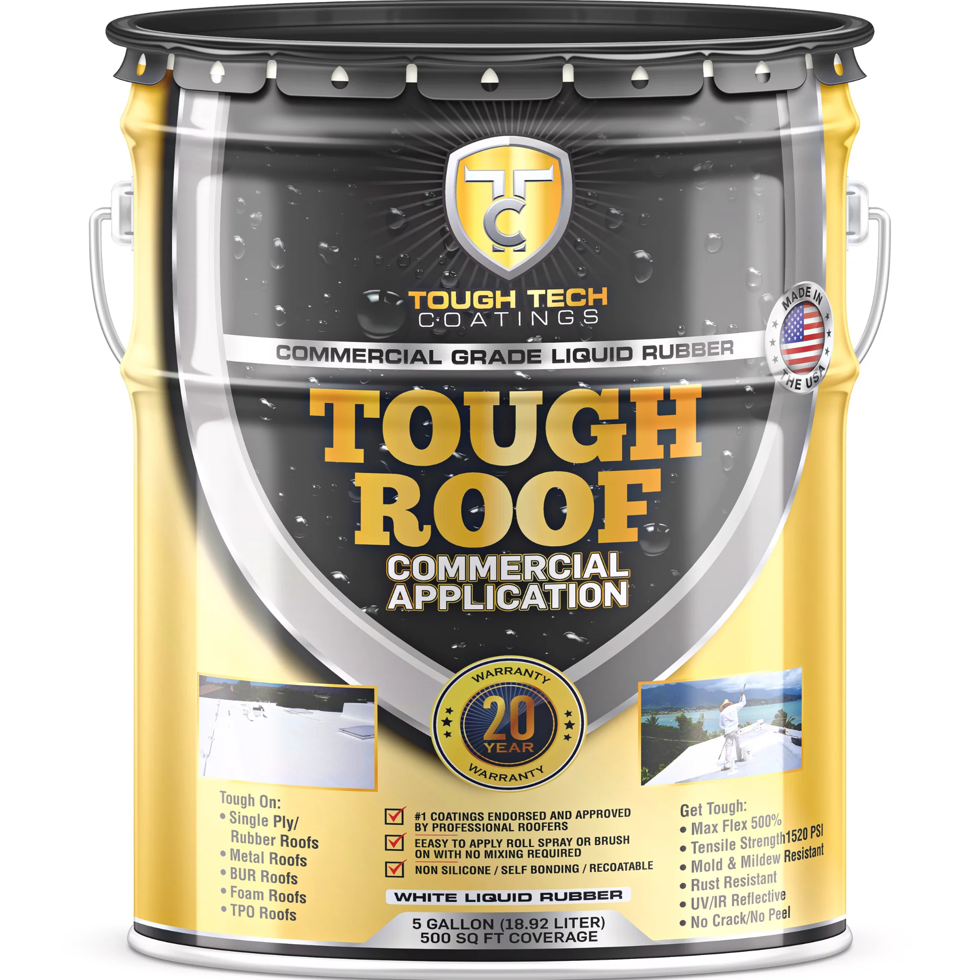 Tough Tech Coatings Tough Roof Butyl Liquid Rubber Roof Coating, 5 Gallon, White, Easy to Apply
