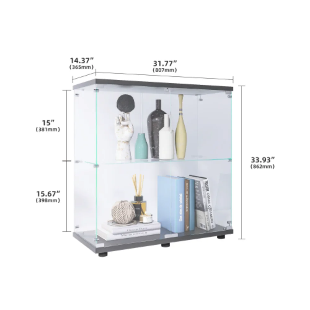 Two-door Glass Display Cabinet 2 Shelves with Door, Floor Standing Curio Bookshelf for Living Room Bedroom Office, 33.35