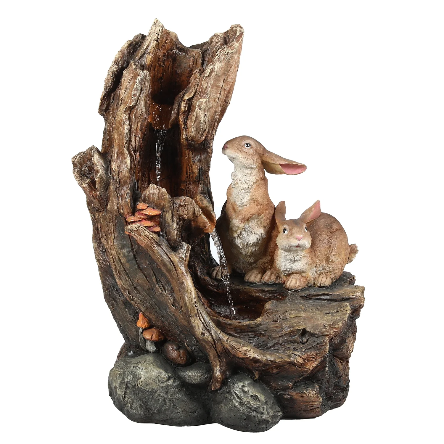 HomeStock Rustic Retreat Resin Two Bunnies Tree Stump Outdoor Fountain With Led Lights