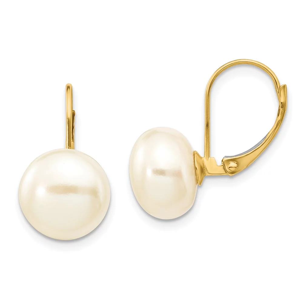 Real 14kt Yellow Gold 10-11mm White Button Freshwater Cultured Pearl Leverback Earrings; for Adults and Teens; for Women and Men
