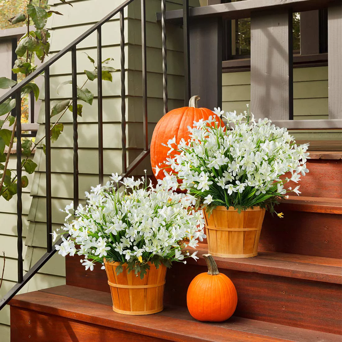 GRNSHTS 4 pcs Artificial Flowers Fake Outdoor UV Resistant Plants Faux Plastic Greenery Shrubs Bushes Indoor Outside Hanging Planter Home Garden Window Box Patio Yard Office Wedding Decor (White)