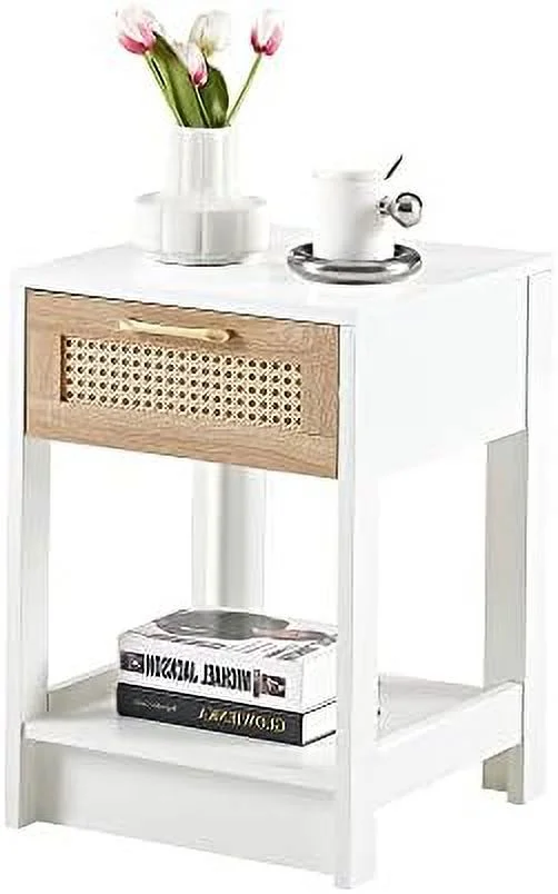 CHDEUSL Rattan Nightstand with 1 Drawer and Open   Small End   Modern Wooden Bedside   Room Bedroom and Small Space (Brown)