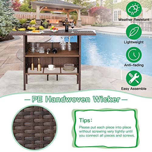 ECOTOUGE Wicker Patio Bar Table (2 Steel Shelves & Wine Rack), Rattan Bar Counter Table for Outdoor, Party, Picnic (Brown)