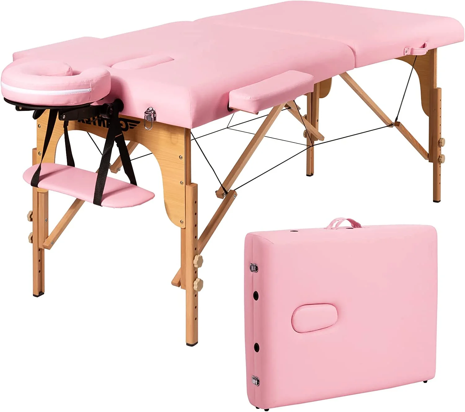Portable Massage Table Lash Bed, 2 Fold Massage Bed Spa Bed Height Adjustable w/Face Cradle & Carry Case, Professional Facial Salon Tattoo Table for Spa Beauty Salon Home Use (Pink)