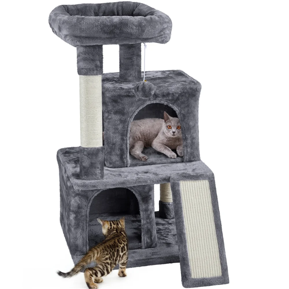 Easyfashion Multilevel Plush Cat Tree with Double Condos and Furry Ball,Dark Gray