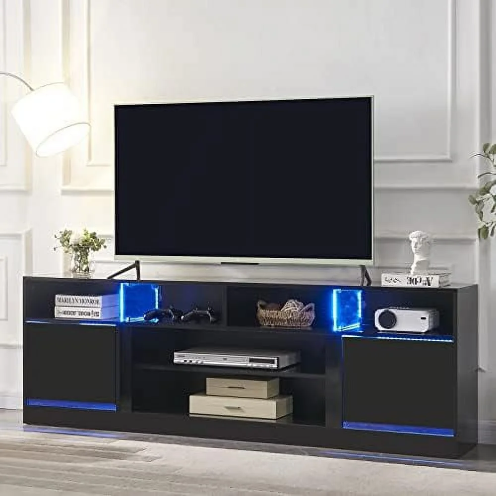 CKPFVY LED TV Stand for 80" TV  Game Console Entertainment Center with  Shelves and Media Layers  Modern TV Stand with LED Lights 16 Colors and High Gloss Cabinets for Living Room Bed