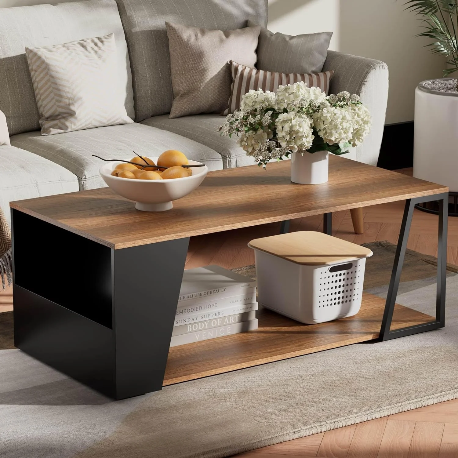 TQJKLFDY 2-Tier Coffee Table  Rustic Wood Center Table with Oblique Insert   Rectangular Coffee Table with Metal Frame & Open  Design  Living Room/Home/Office  Walnut