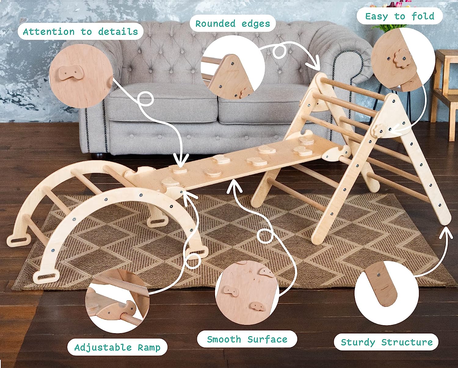 Woodandhearts Indoor Playground: Montessori Climbing Set - Pikler Triangle - Toddler Jungle Gym - Climbing Toys for Toddlers 1-3 Inside