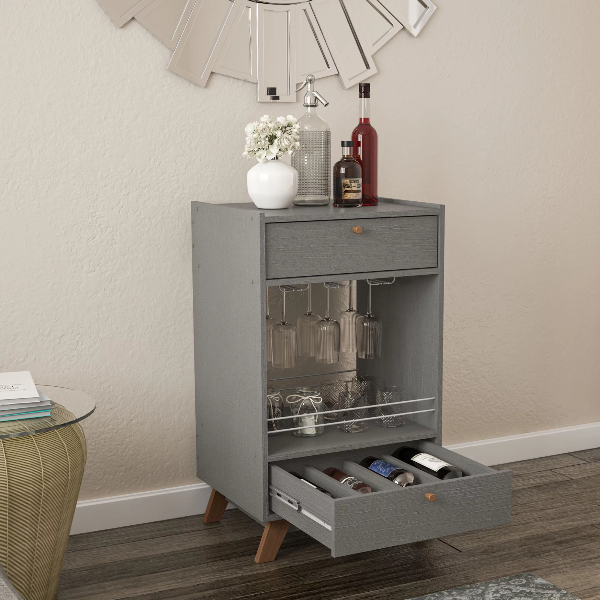 Boahaus Belfast Modern Mini Bar Cabinet, 2 Drawers, Wine Glass Rack, Grey Matte