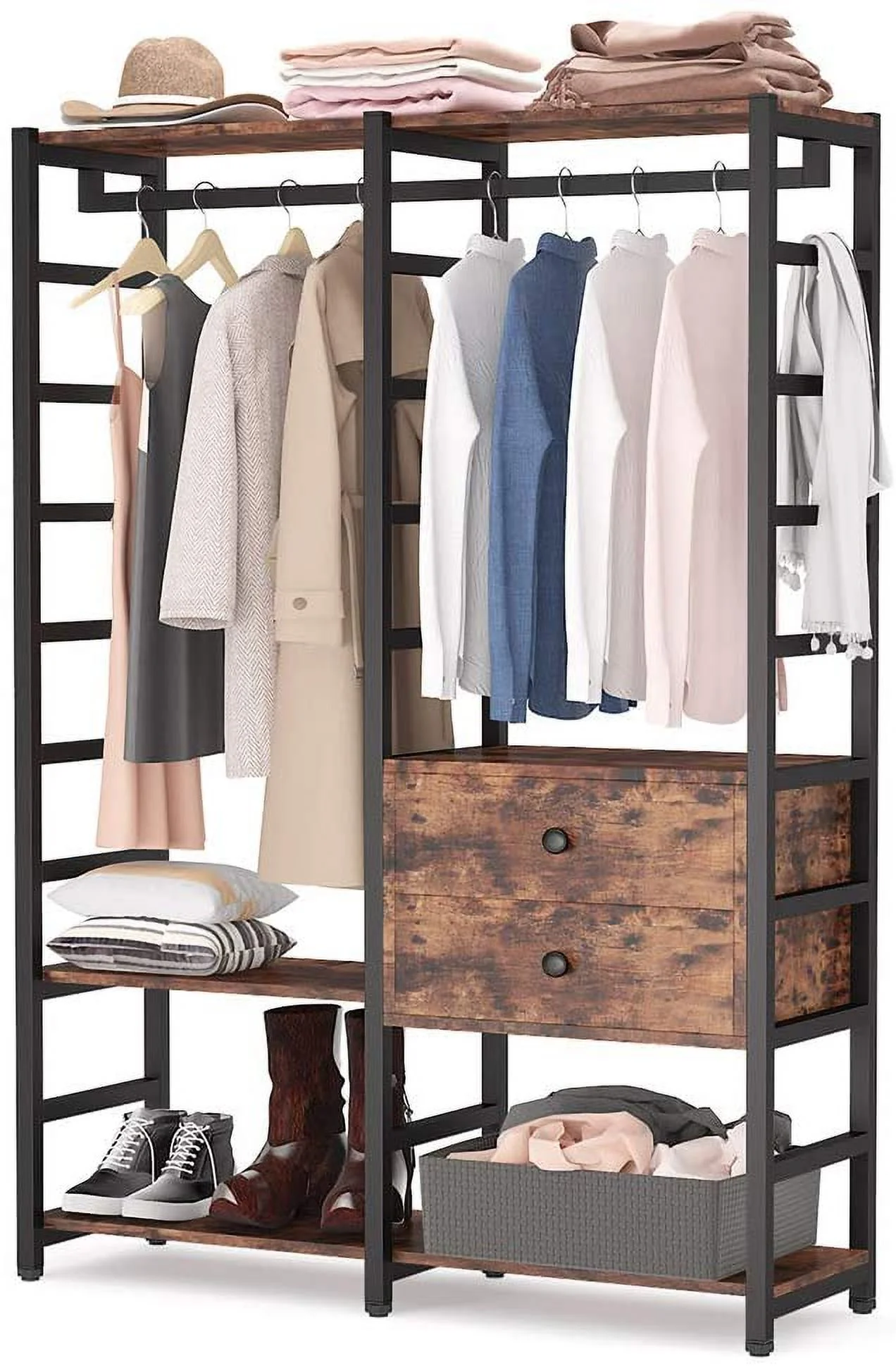 Tribesigns Freestanding Closet Organizer Garment Rack with 2 Drawers and Storage Shelves