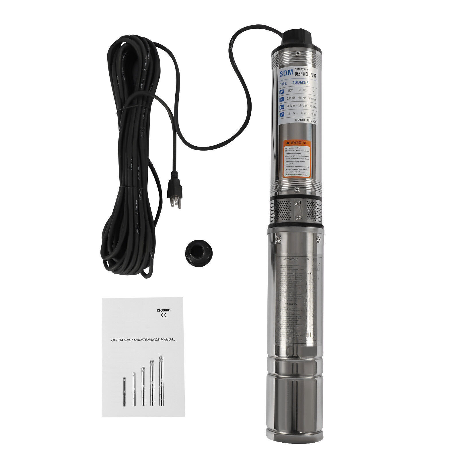 1/2HP 16GPM Submersible Pump,110V Stainless Steel 0.37KW,0.5HP Deep Well Pump 4SDM3/5 Silver Stainless Steel