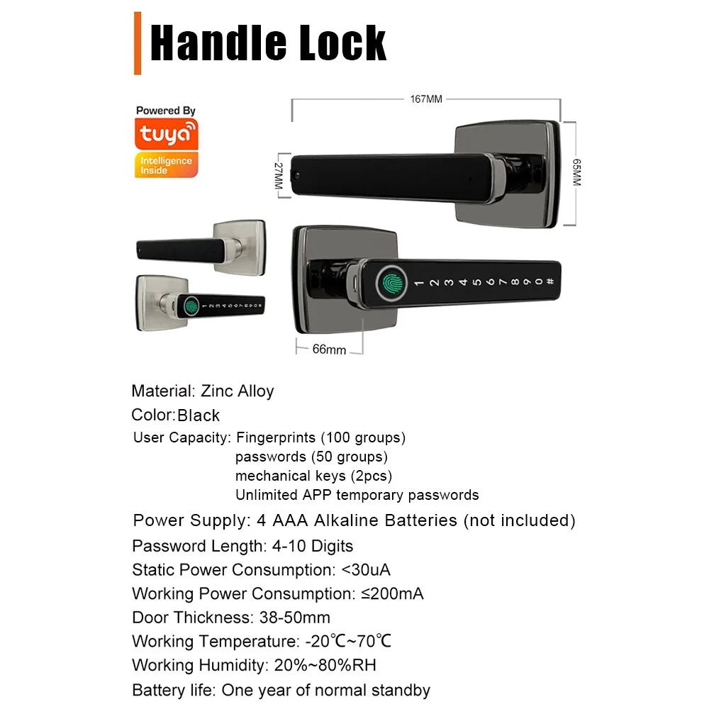 Fingerprint Smart Door Lock with Handle 4 in 1 Keyless Entry Tuya APP Key Passcodes Smart Knobs for Front Door Bedroom Apartment Hotel Black