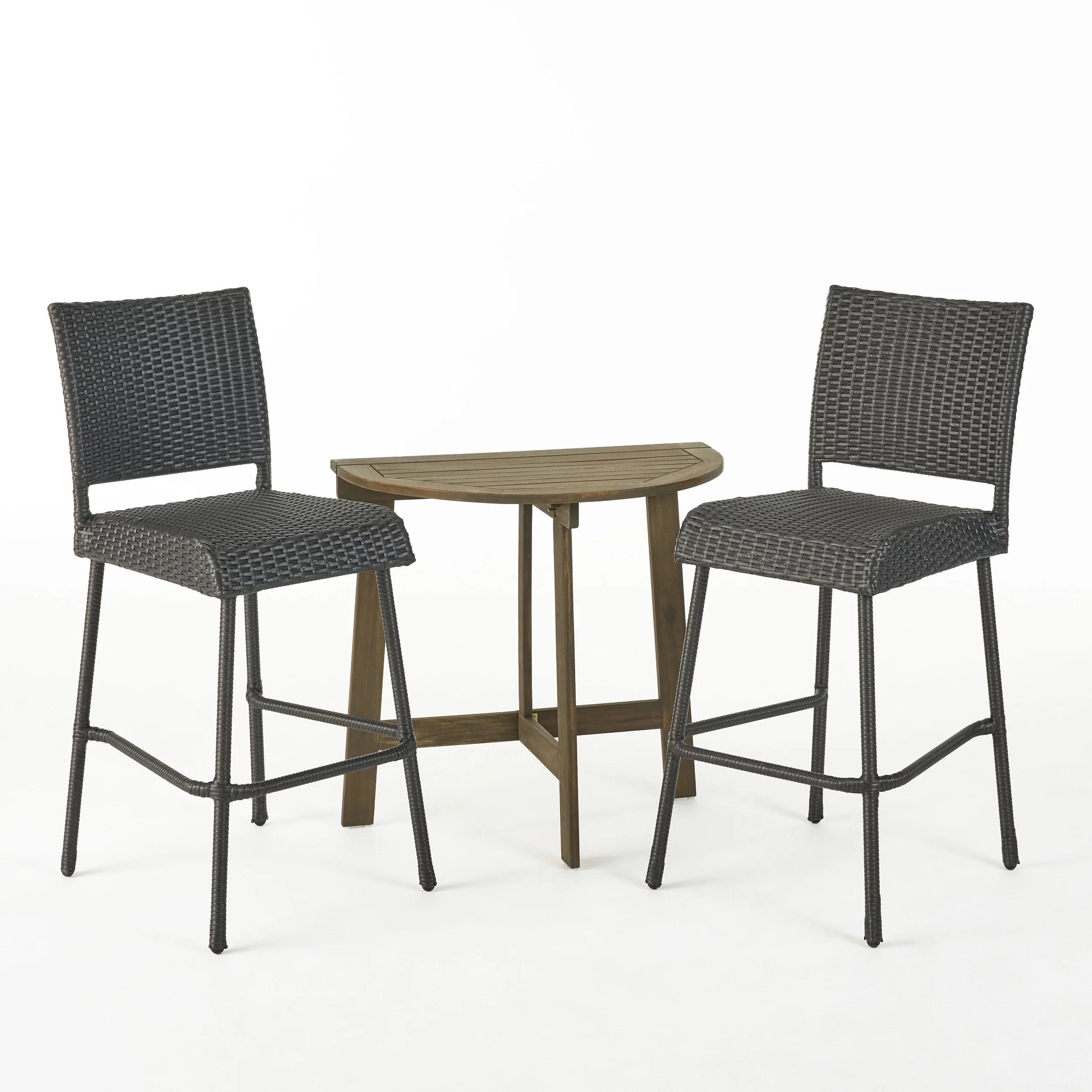 Noble House Meadow 3 Piece Half-Round Wooden Patio Bar Set in Gray