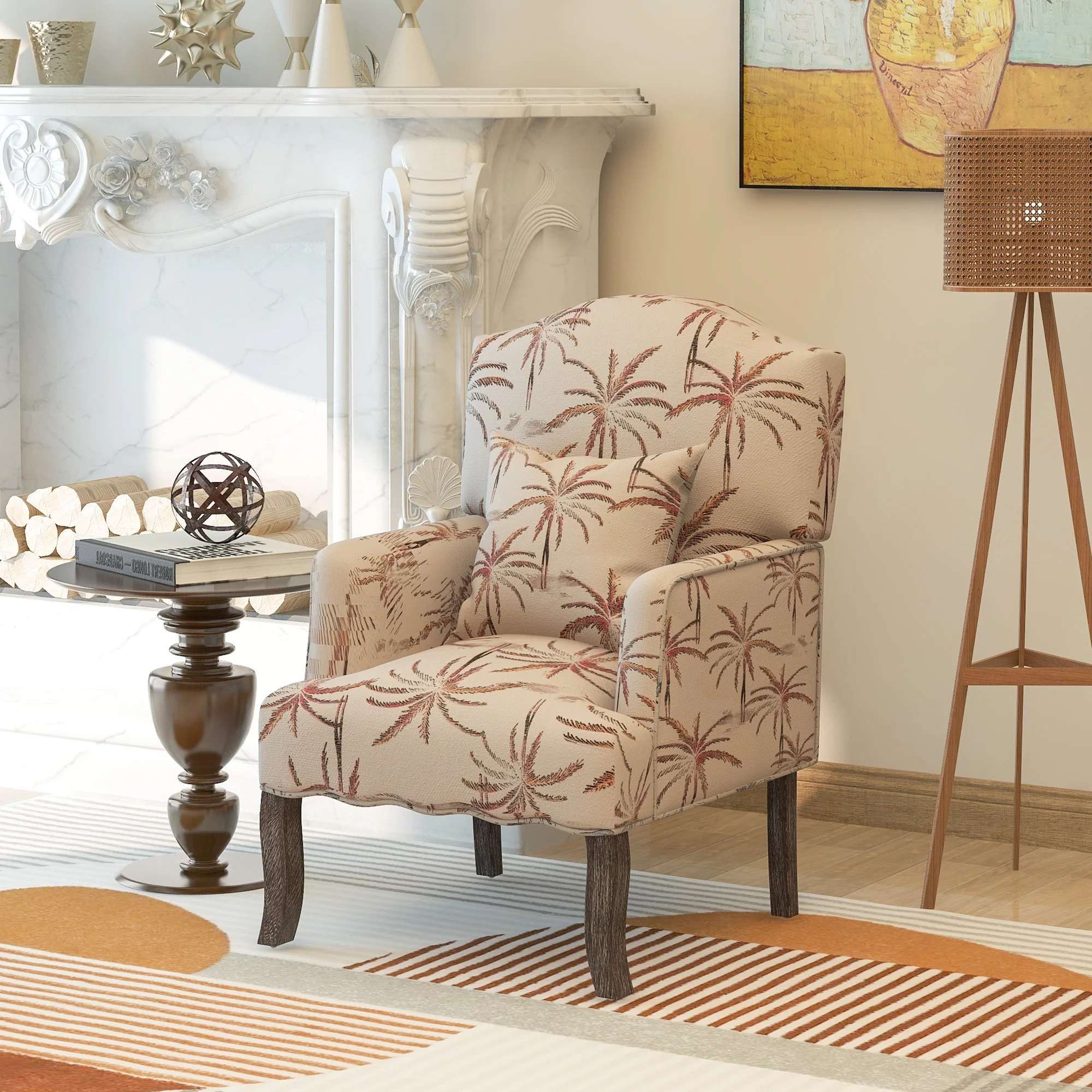 Old-fashioned Style Linen Fabric Tufted Armchair with Pillow Accent Chair for Living Room, Bedroom