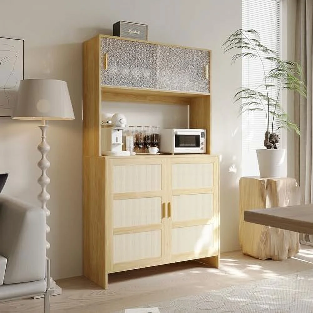 HYHBIBOOM Kitchen Rattan Pantry Cabinet   Cabinet with Rattan Doors  Sliding Doors and 2 Drawers  Freestanding Sideboard Buffet with Adjustable Shelves  Cupboard for Home (Wood Color)