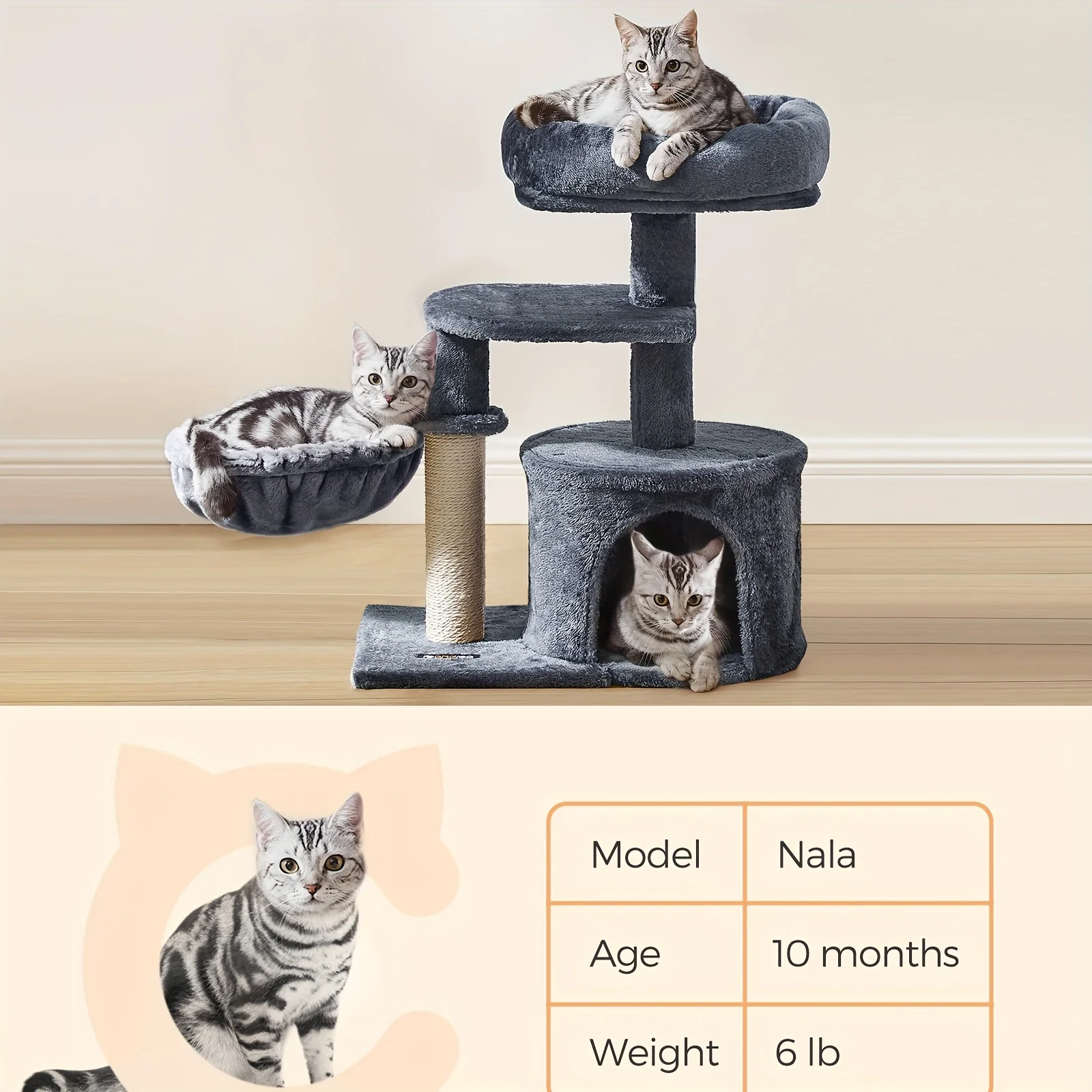 Feandrea Cat Tree, Small Cat Tower, Cat Condo, Kitten Activity Center With Scratching Post, Basket, Cave, Smoky Gray