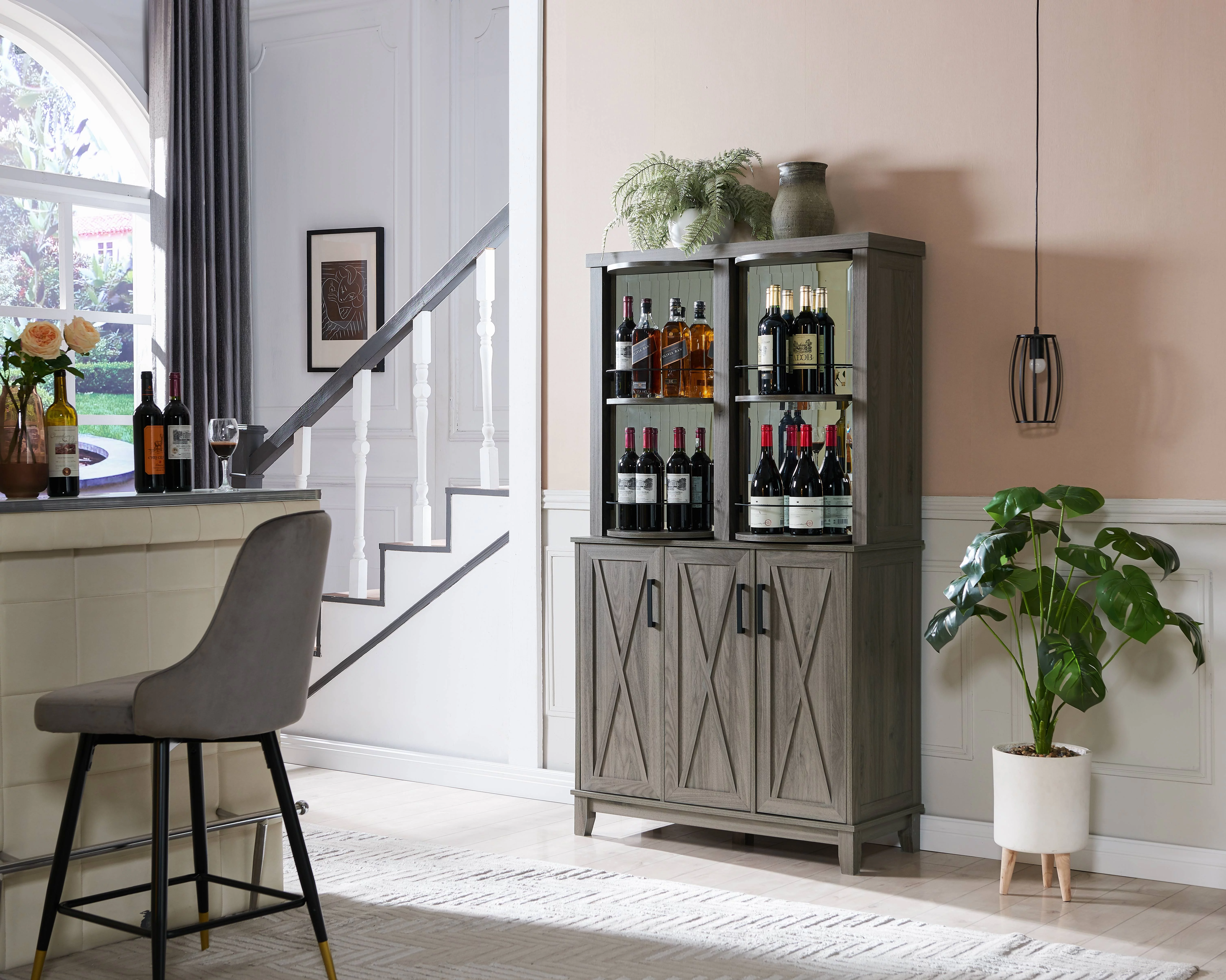 Home Source Bar Cabinet Rotating Wine Rack Grey