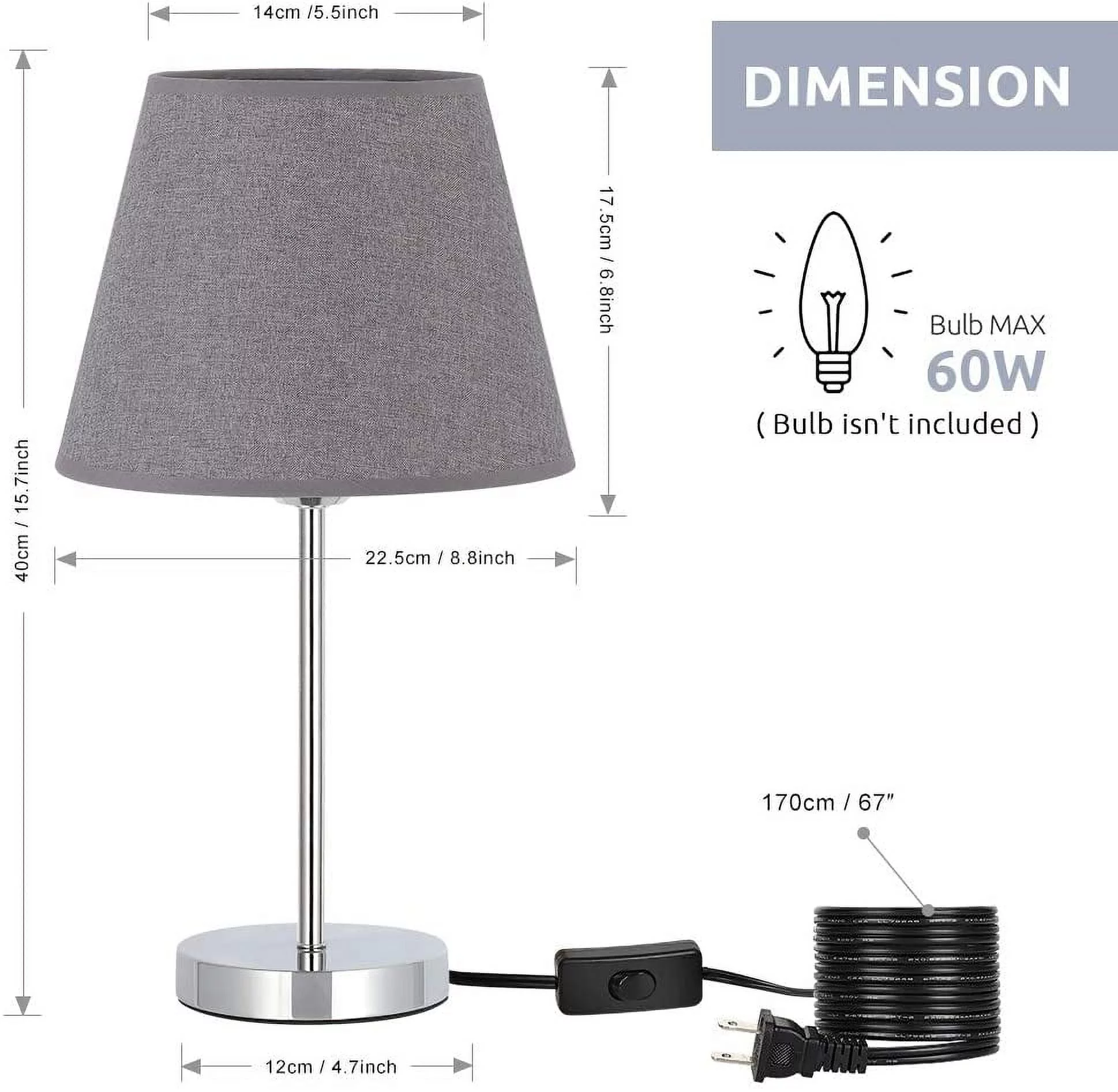 Bedside Lamps Set of 2 with Metal Base Fabric Lamp Shade, Modern Nightstand Lamps Black/Silver