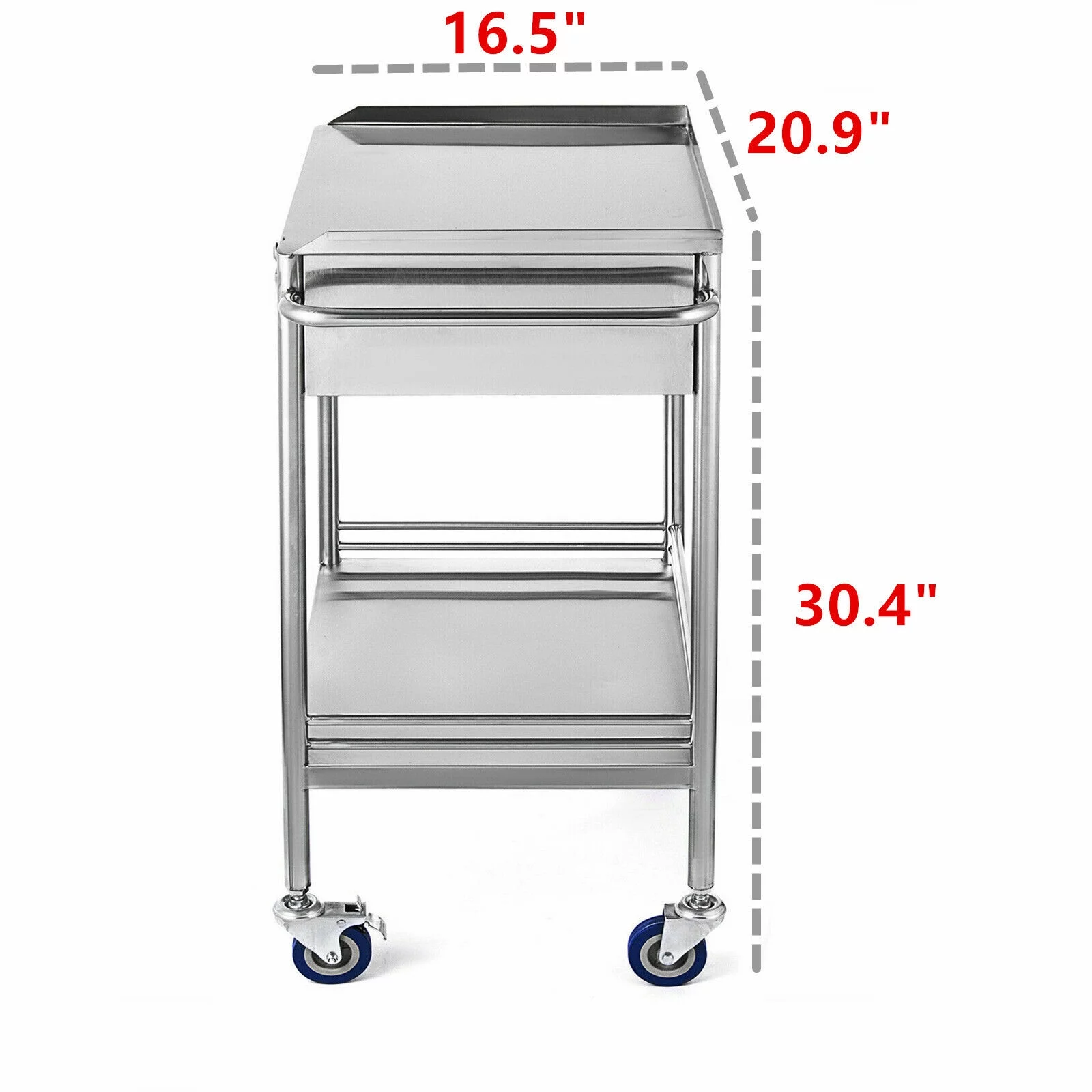 Miumaeov 2 Layer Medical Hospital Lab Emergency Rolling Trolley Single Drawer Mobile Stainless Steel Serving Cart Stand with Wheels